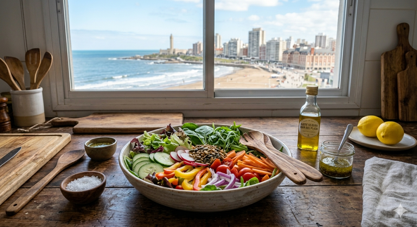 Ensaladas frescas con vegetales listos en Mar del Plata