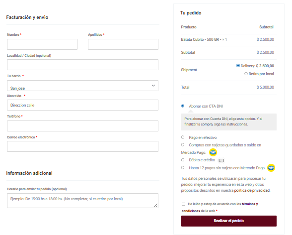 Formulario de facturación y envío para comprar vegetales online en Mar del Plata